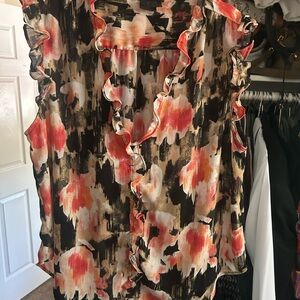 Dkny White and Red Ruffled Sleeveless Blouse